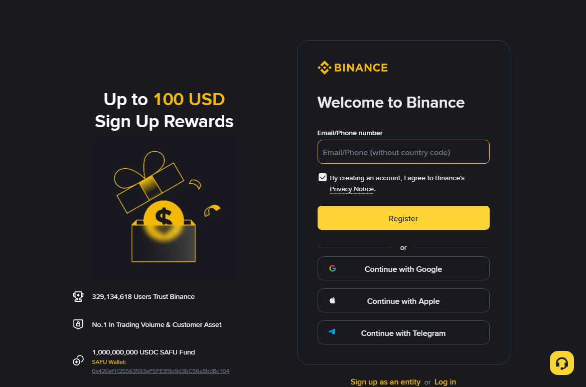Binance کے رجسٹریشن صفحے کا عکس: دائیں جانب ای میل یا فون نمبر کا خانہ اور رجسٹر کا بٹن