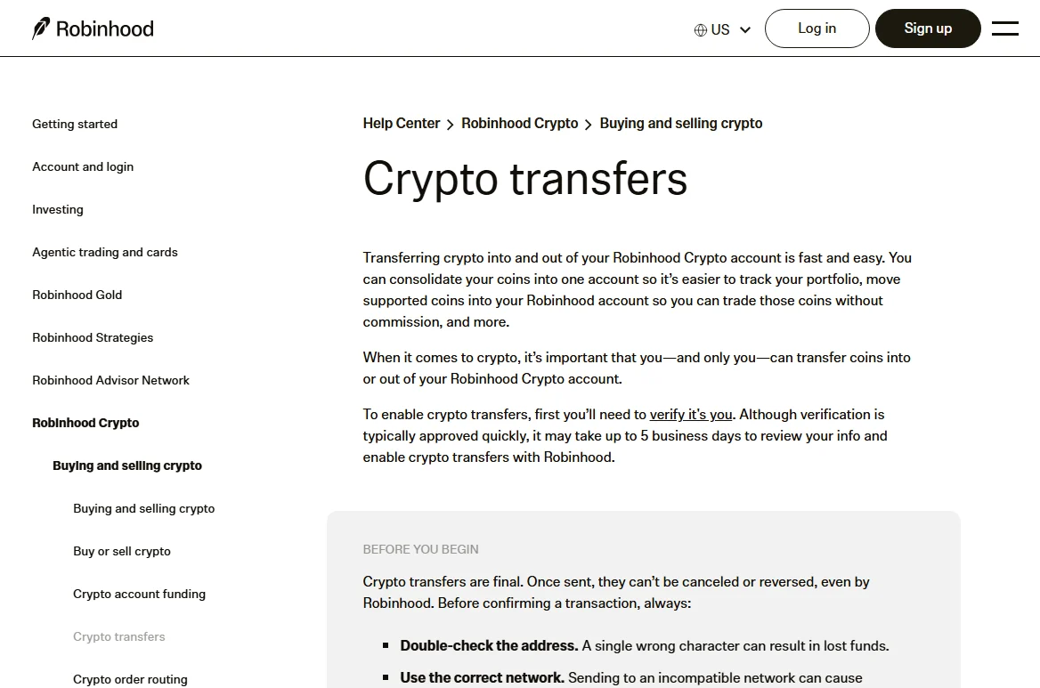 Robinhood Help Center کا عوامی صفحہ Crypto transfers: شناخت کی تصدیق کے بعد منتقلی کھلنے کی بات، اور نیچے BEFORE YOU BEGIN کے خانے میں پتہ اور نیٹ ورک دوبارہ جانچنے کی ہدایت