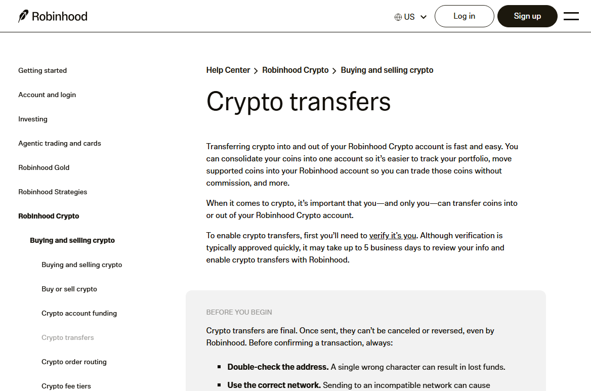 Robinhood 美国公开转币说明，列出启用条件以及核对地址和网络的提示