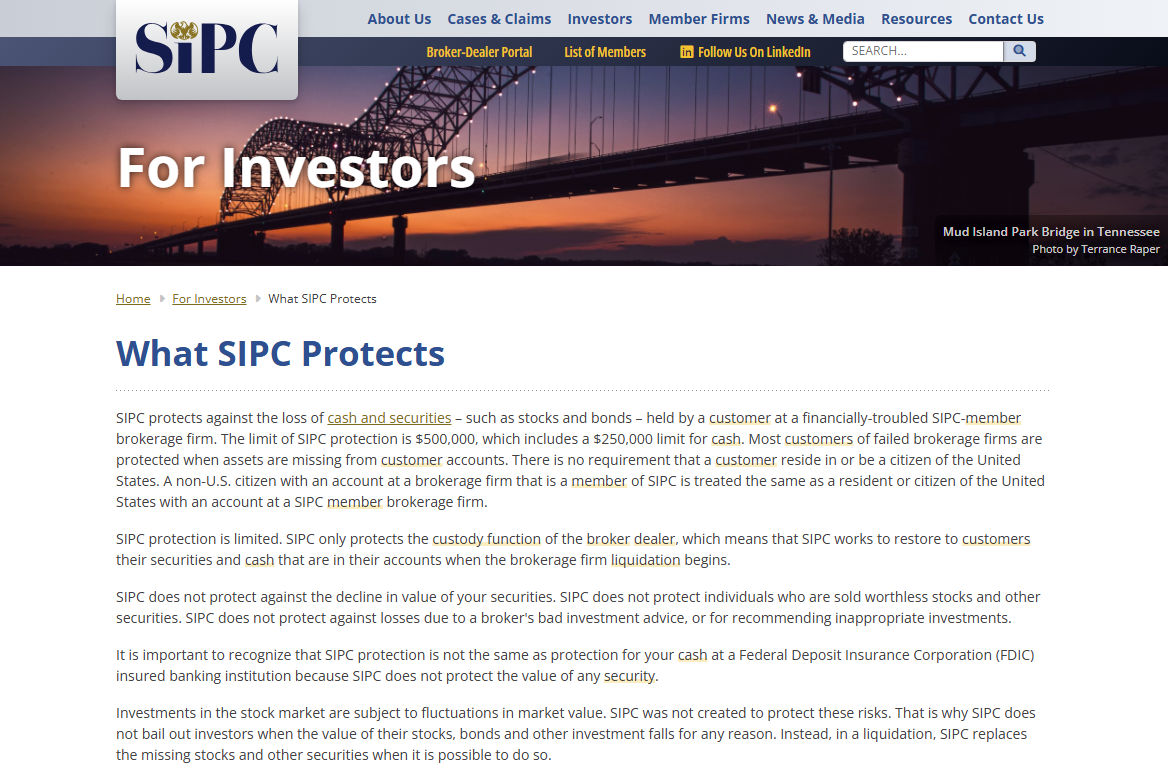 SIPC 公开保护范围页面，上方有会员查询入口，正文说明资产和托管覆盖条件