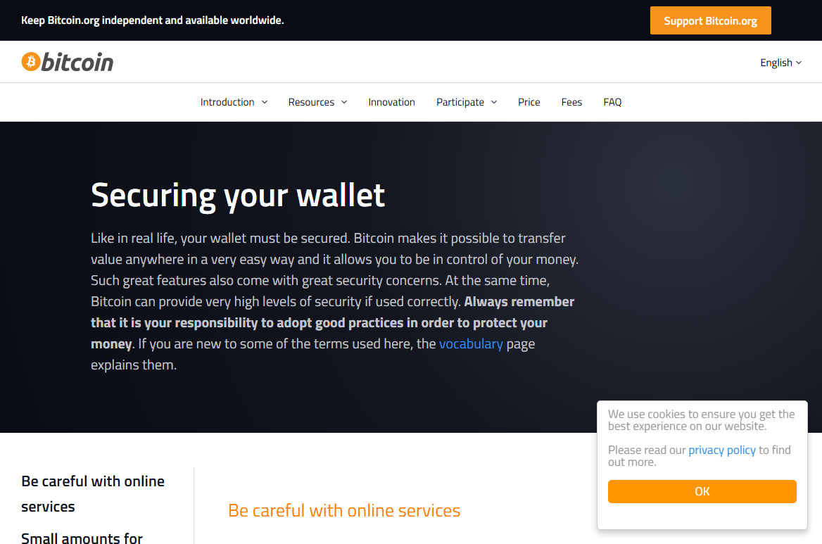 Bitcoin.org کی عوامی والٹ حفاظت کی ہدایت کا صفحہ